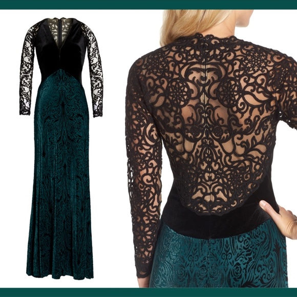 NEW Tadashi Shoji V-Neck‎ Velvet & Illusion Gown in Black/Forest [PLUS 18W ] - Picture 2 of 16